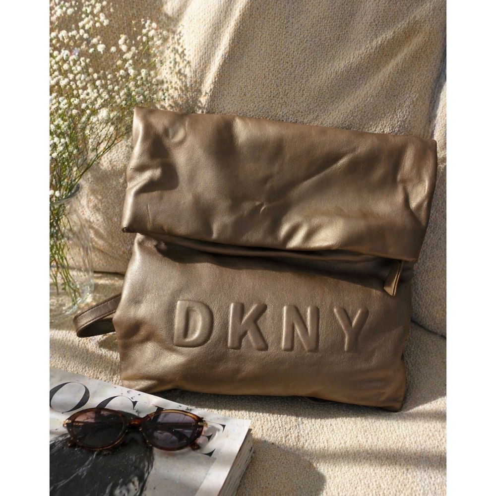 DKNY Tilly Medium Logo Foldover Bag Backpack Metallic Bronze R12A3B18